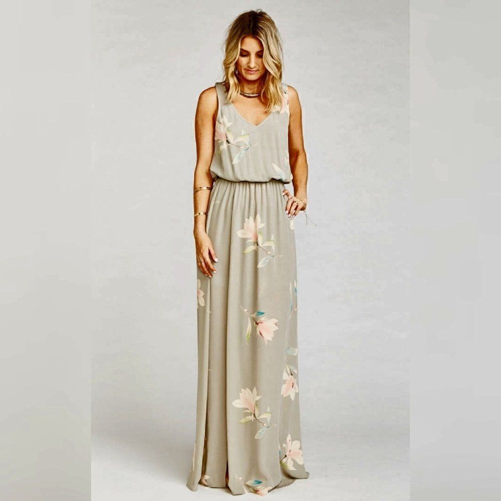 Show Me Your Mumu - XS -Kendall Maxi Dress V Neck Slit Blouson Lily Showers Gray